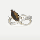 Infinity-inspired designer ring with marquise-cut Smoky Quartz gemstone and pavé zirconia accents, crafted in rhodium-plated 925 sterling silver.