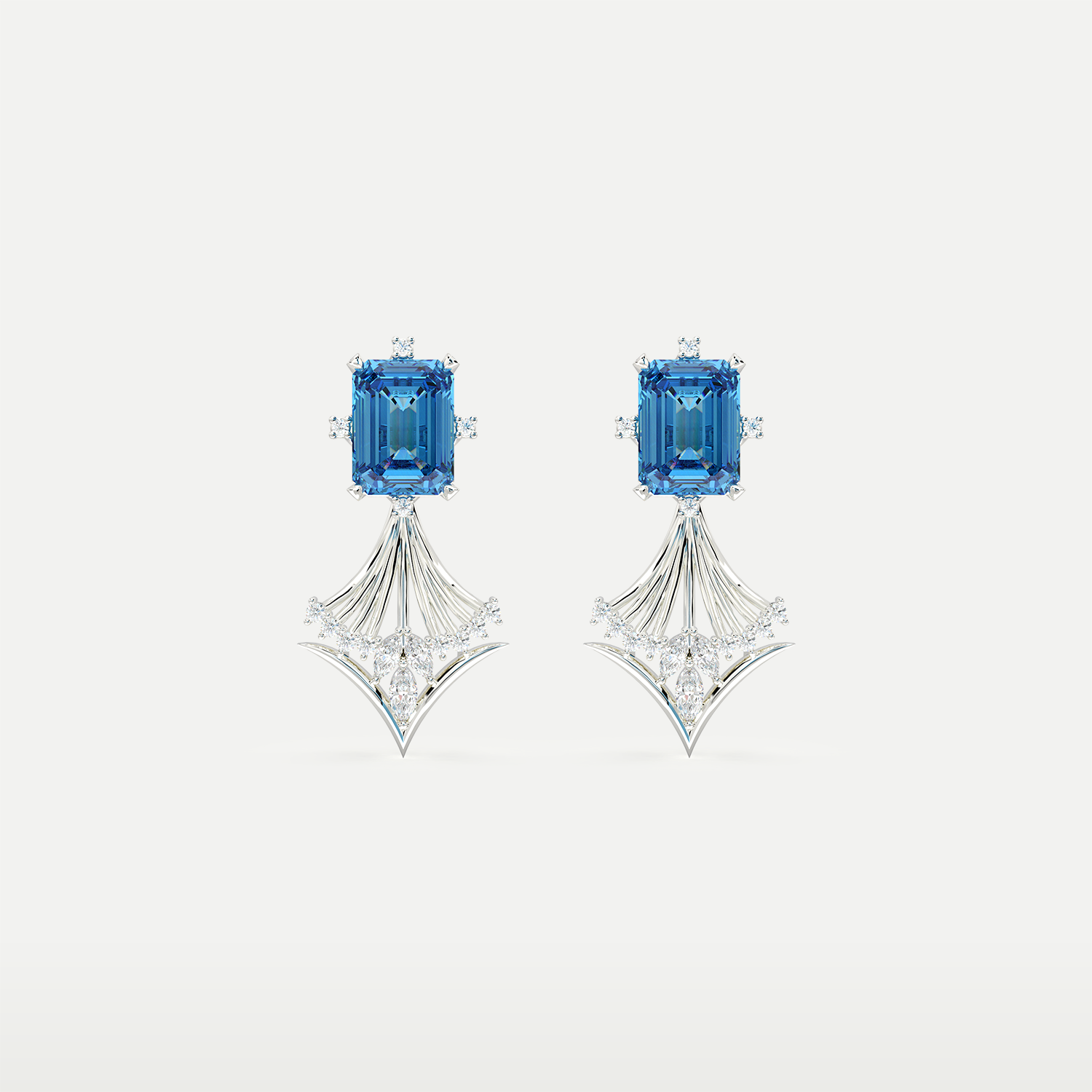 Celestial Arc Drop Earrings in sterling silver with emerald-cut Blue Topaz center and fan-shaped diamond detailing