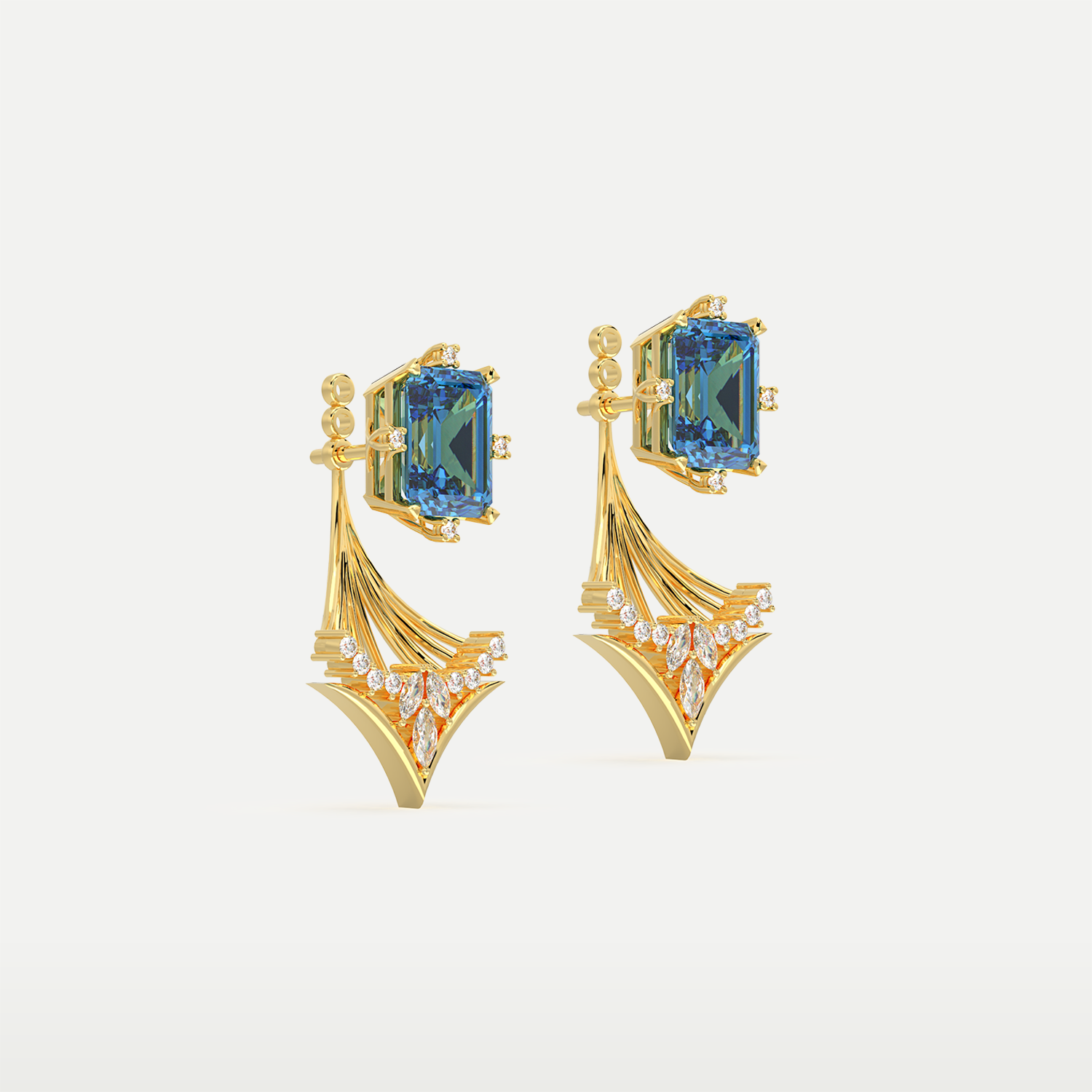 18K gold vermeil Celestial Arc Drop Earrings featuring Blue Topaz and sparkling accents in a fan-shaped design