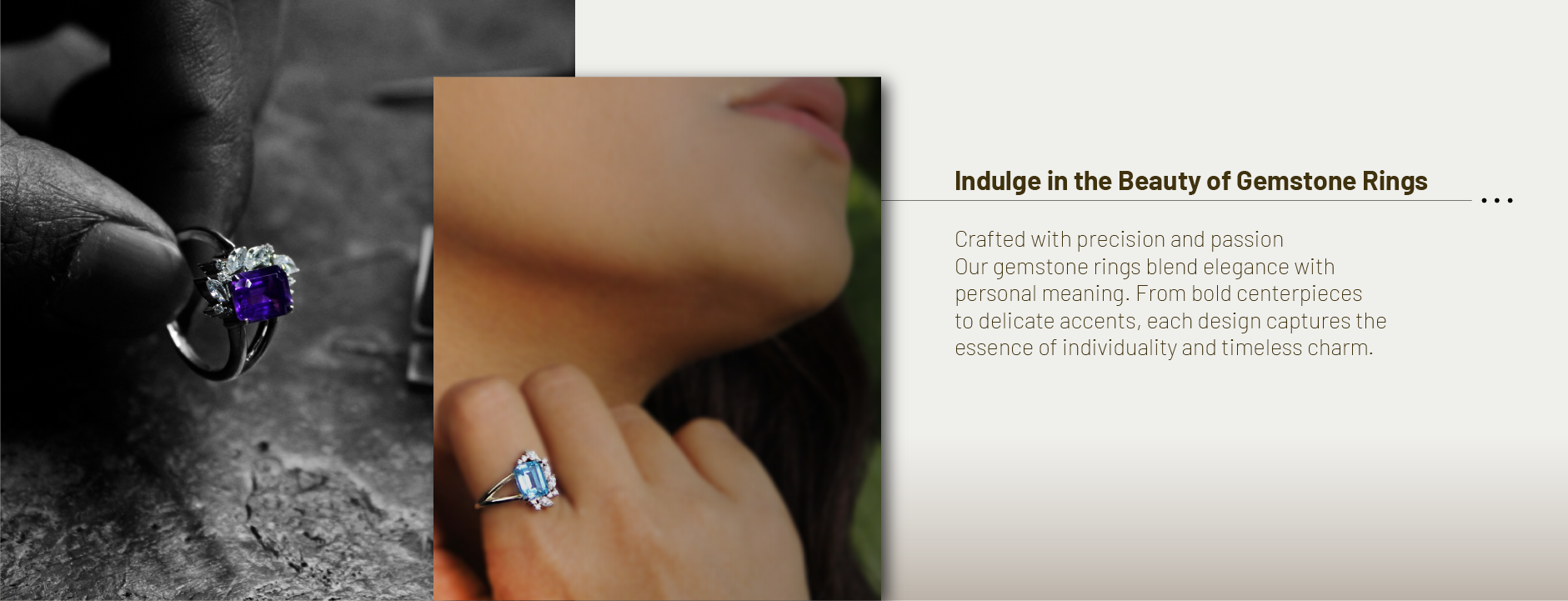 Elegant gemstone rings showcased on hand and in black-and-white artisan setting with text highlighting timeless design and personal meaning