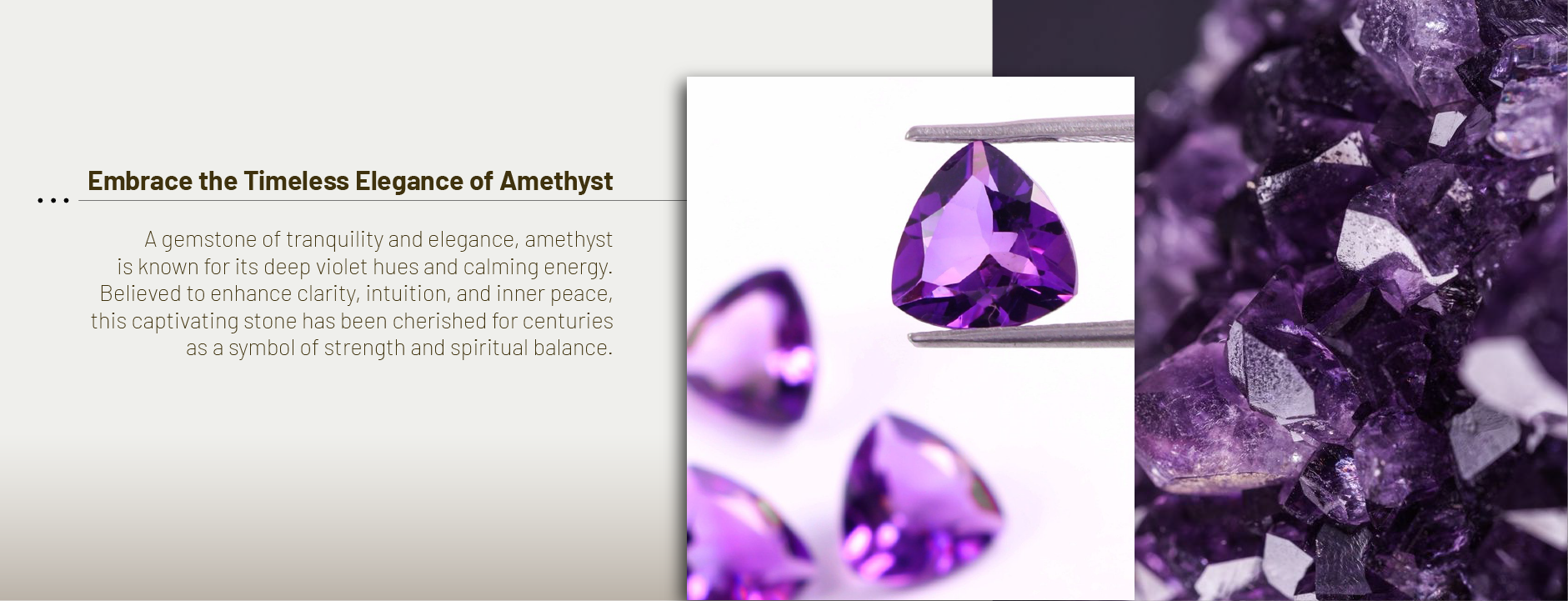 Triangular-cut amethyst gemstone held by tweezers with background of raw amethyst crystals and text highlighting its spiritual elegance and calming energy