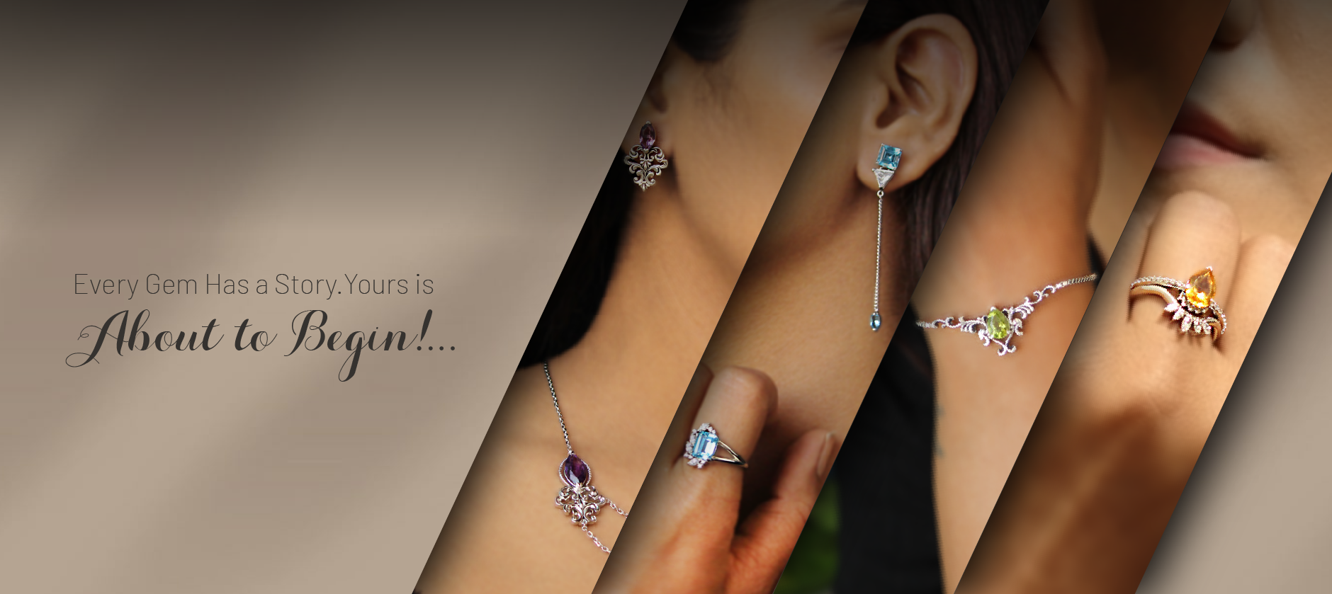 “Hero banner featuring models wearing Praise Jewels gemstone earrings, rings, and necklaces with the tagline ‘Every Gem Has a Story. Yours is About to Begin.’”